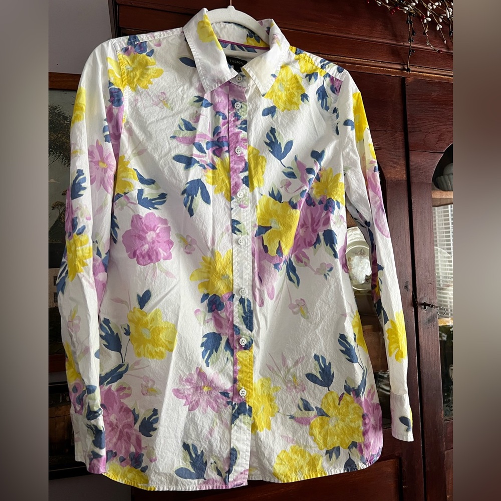 Talbots White cotton blouse with yellow & purple flowers Small